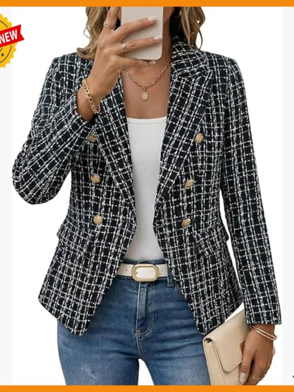 Tweed Plaid Blazer Slim Fit Double-Breasted Fully Lined Work Casual Jacket